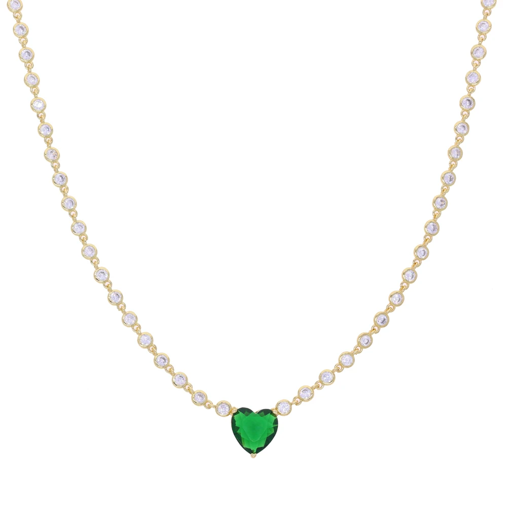Big Green Heart Cubic Zirconia Geometric Round Bezel CZ Tennis Chain Gold Color Women 2025 New Necklace