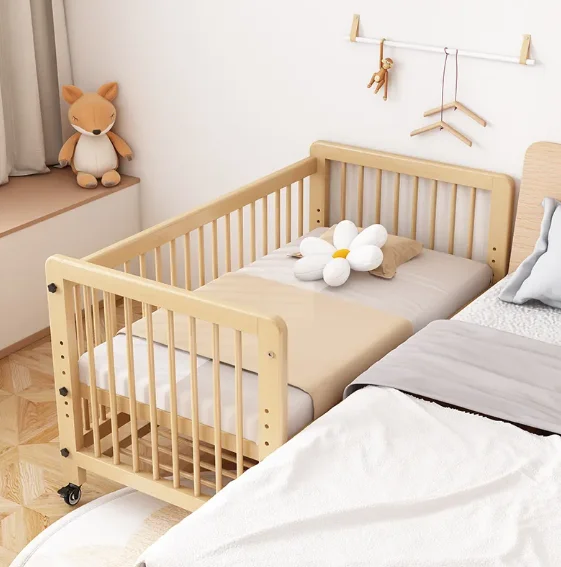 #Solid Wood Crib Baby Bed Comfortable Durable Movable Height Adjustment For Newborn Toddler Includes Wheels For Easy Bedroom