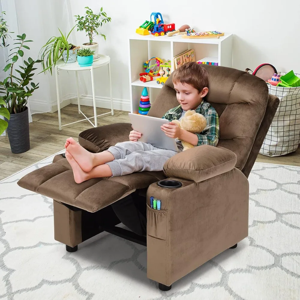 Kids Recliner Chair with Cup Holder, Adjustable Velvet Lounge Chair w/Footrest & Side Pockets for Children Boys Girls Room