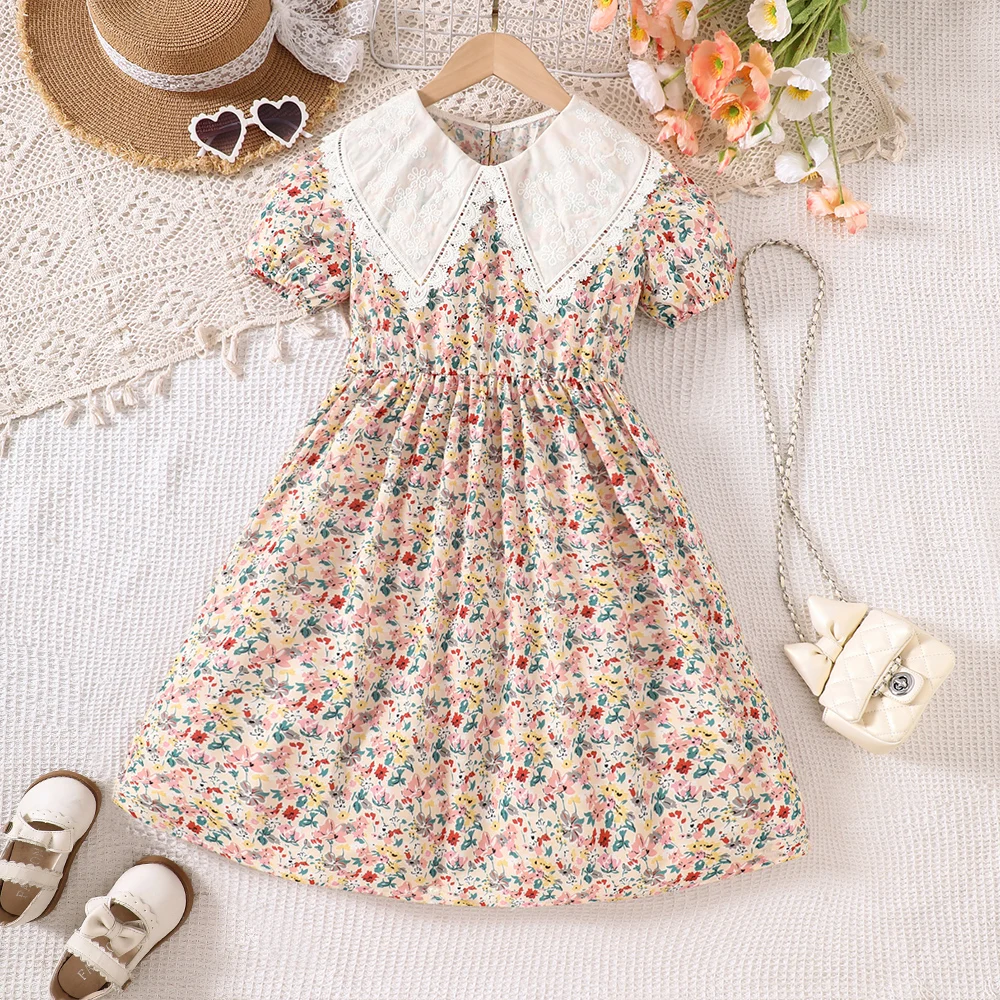 Tween Girls' Floral Print Dress - White Lace Large Collar & Puff Sleeves, Fresh Pastoral Sweet Lady Dress for Spring & Summer