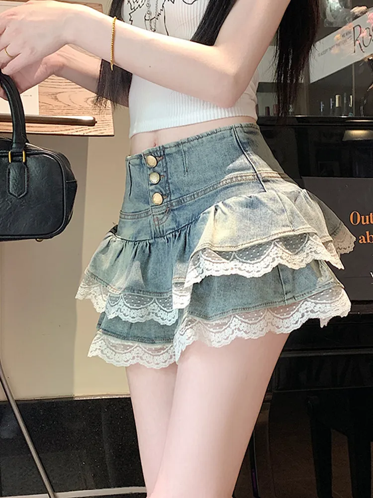 Cowboy Skirt Women's Summer Ballet Style Skirt Folded Flower Bud Pants Skirt Lace A-line Umbrella Skirt