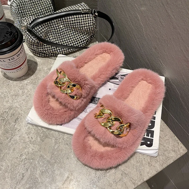 Casual Fluffy Slippers Women House Flat Fashion Designer Shoes Ladies Home Popular Trend Winter Elegant Footwear Indoor Open Toe