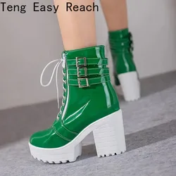 2025 White Black PU Leather Ankle Boots Women Autumn Winter Round Toe Lace Up Shoes Woman Fashion Motorcycle Platform Botas