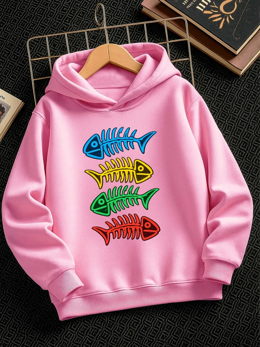 Kids Girls Colorful Fishbone Graphic Hoodie Pink Printed Cartoon Sweatshirt School Clothes Birthday Present Autumn Tops