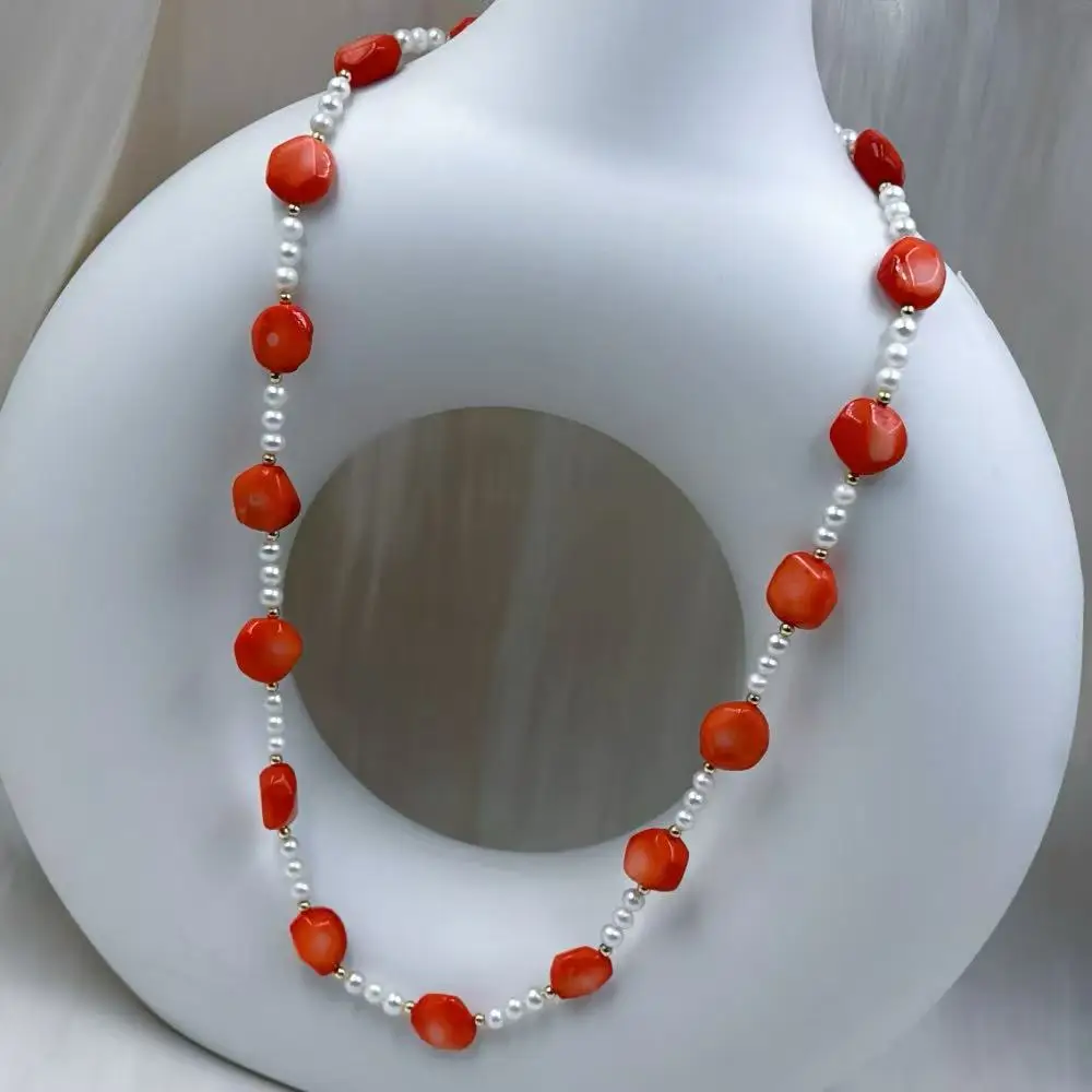 4mm Women Jewelry Gift Real Natural Freshwater White Pearl Orange Coral Luxurious Design Gift Wife Necklace
