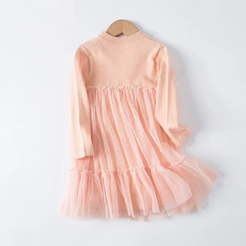 Autumn Children's Clothing Girls' Dress Long Sleeve Pink In Stock Princess Dress Solid Color Mesh Dress