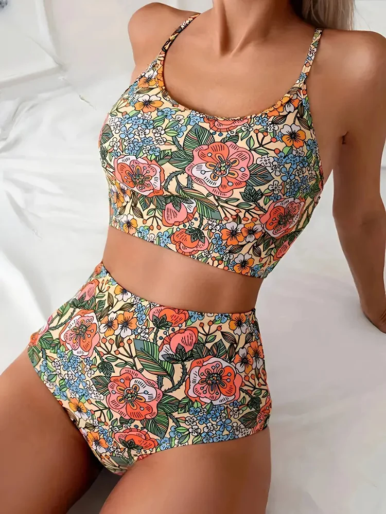 Print Bathing Suit For Women Halter Backless Split Swimsuit High Waisted Vintage Sexy Thongs Summer Fashion Swimwear