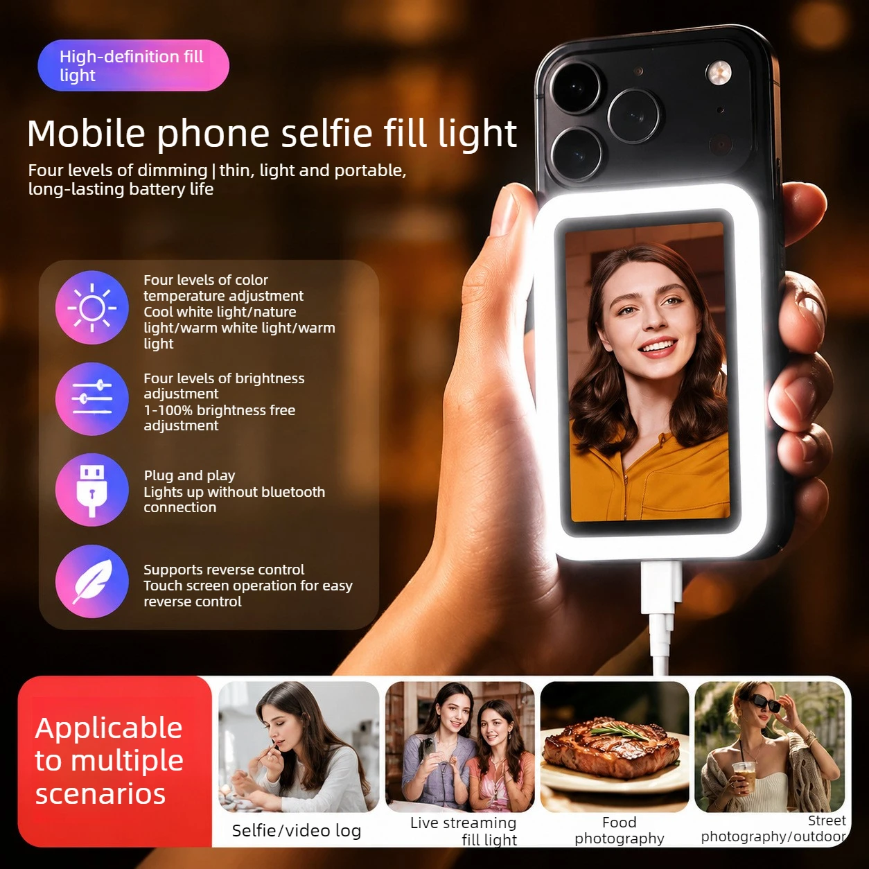 ED Fill Light & Selfie Screen Mirror Viewer, Portable Phone Accessory for Rear Camera Photography and Live Shooting
