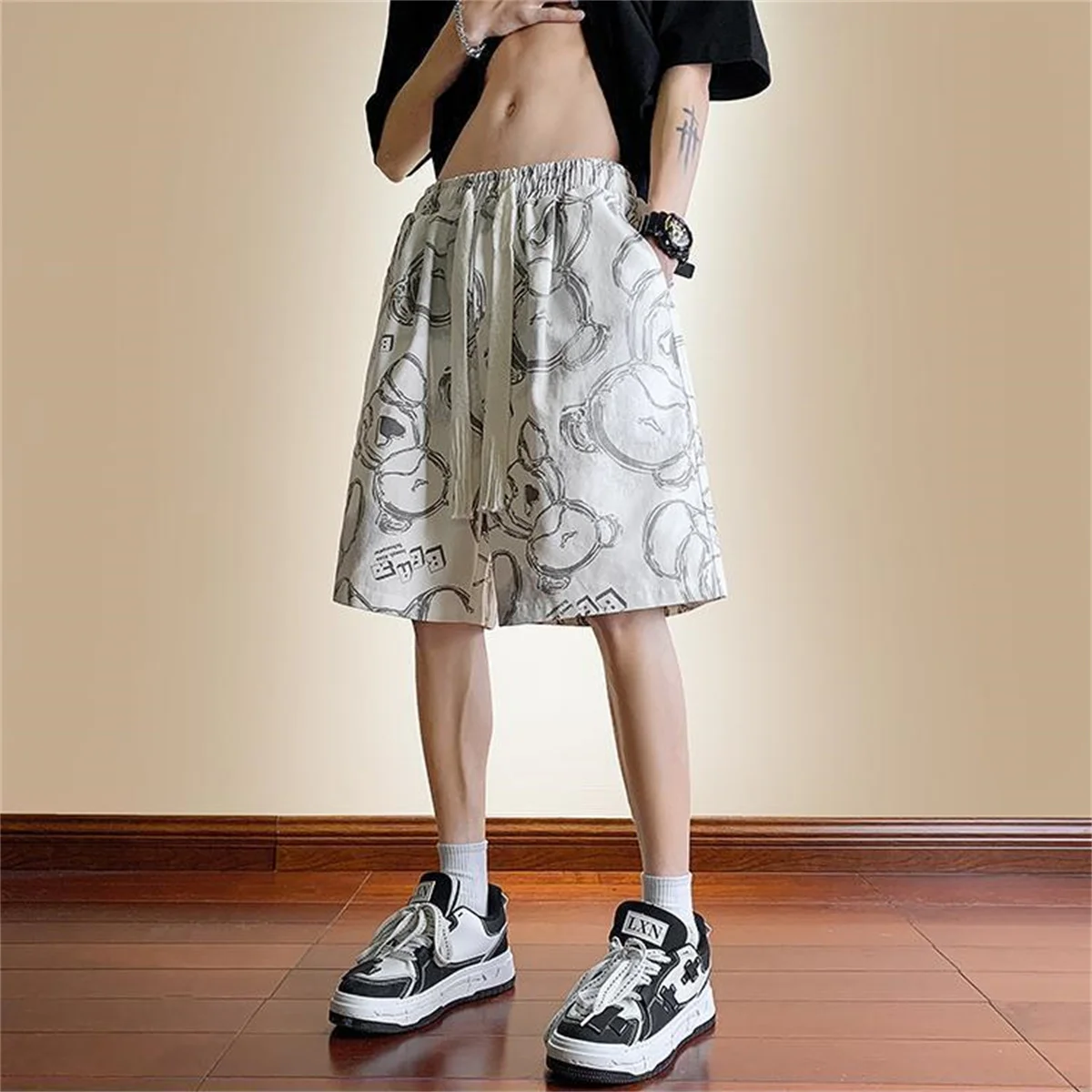 Cool Bear Print High Street Oversize Basketball Shorts for Men\'s Black Summer Korean Wide Leg Casual Gothic Shorts Boys