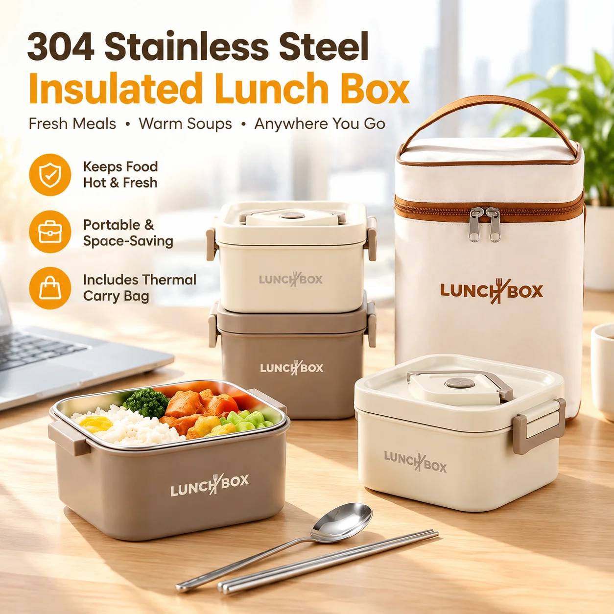 304 Stainless Steel Insulated Lunch Box with Lid, Portable Soup Bowl Reusable Meal Container for Office Workers