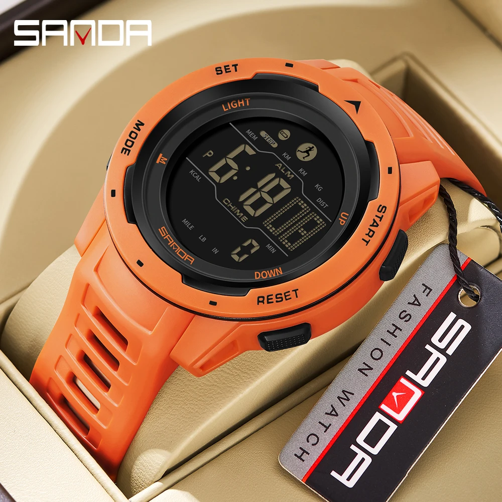 With box SANDA Brand Men Watches Sports Passometer Calories 50M Waterproof LED Digital Watch Military Wristwatch Men\'s Watch