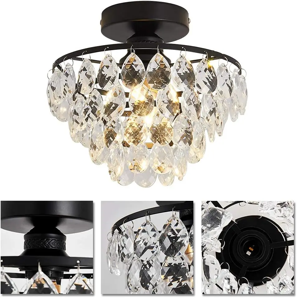 Yyjlx Modern Small Crystal Ceiling Light Fixture Mini Black Semi Flush Mount Chandelier Light Fixture For Hallway Bedroom