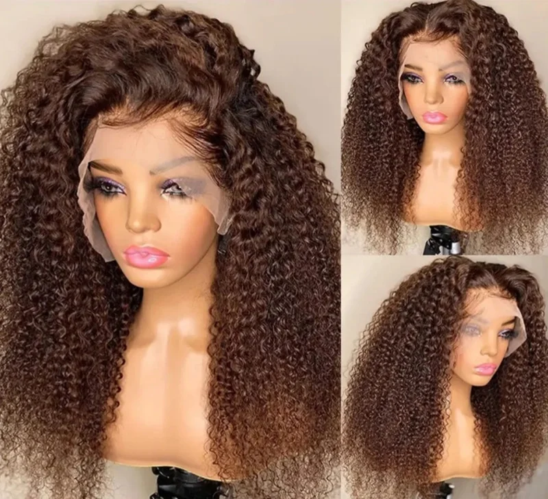 Wig Sintetis Afro Kinky Deep Curly dengan Lace Ombre Cokelat, Wig Lace Front HD 13x4, Pirang Tua Preplucked, untuk Penggunaan Sehari-hari dan Pesta