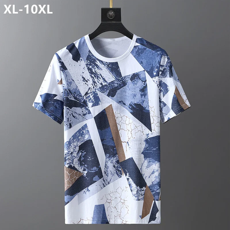 

Summer Ice Silk Tshirt Men Short Sleeve White Pattern Oversized Tops Plus Size 10XL 9XL 8XL Male Loose O-Neck Geometry Tee Shirt