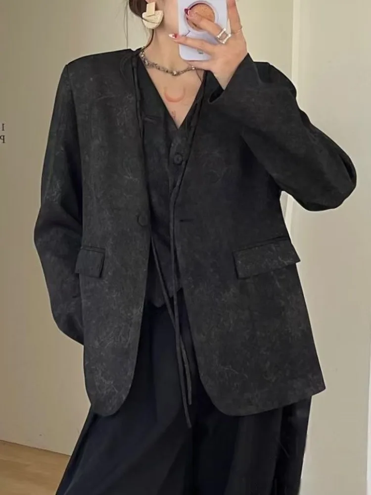 BJTZ Cor Pura Design Simples Sense 2025 Primavera E Outono Novo Temperamento All-in-one Feminino Com Decote Em V Casaco Colete Conjunto