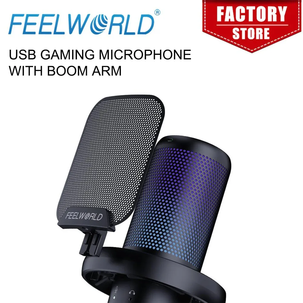 FEELWORLD VM1-AS USB Condenser Gaming Microphone for Streaming Noise Cancellation Mute RGB Light Boom Arm Stand