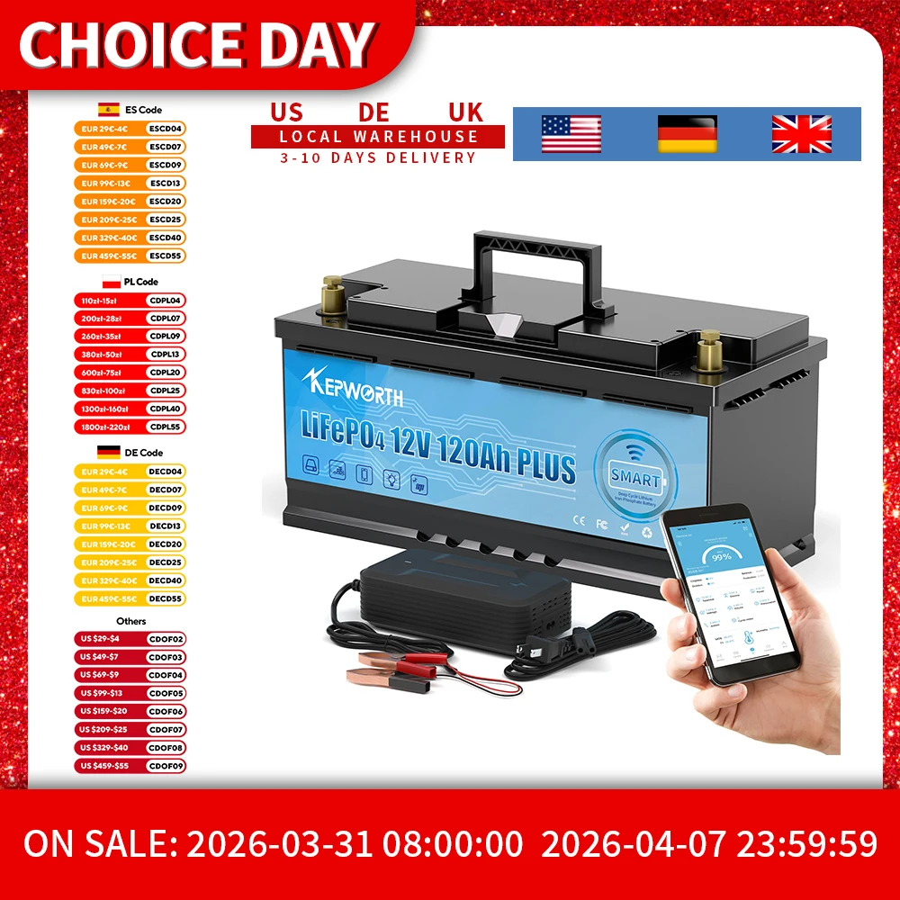 KEPWORTH Batterie LiFePO4 12 V 120 Ah, BMS Bluetooth intégré 120 A, remplacement parfait pour les batteries au plomb pour les caravanes