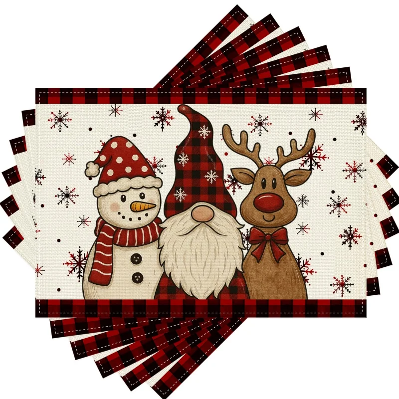 Hello Winter Snowman Linen Placemats, Snowflake Printed Table Mats, Seasonal Dining Table Decoration