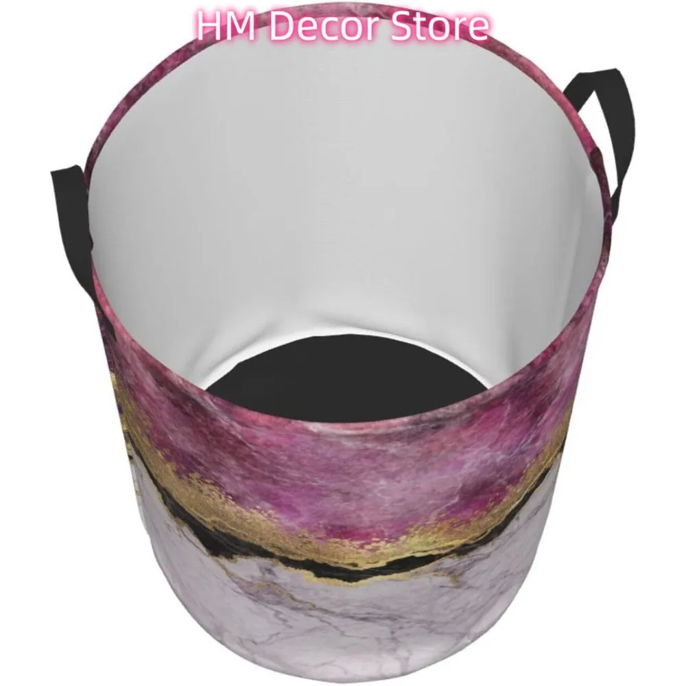 سلة الغسيل الرخام الوردي مع الأوردة الذهبية قماش أكسفورد سلة الغسيل القابلة للطي مع مقبض للمطبخ غرفة النوم #3