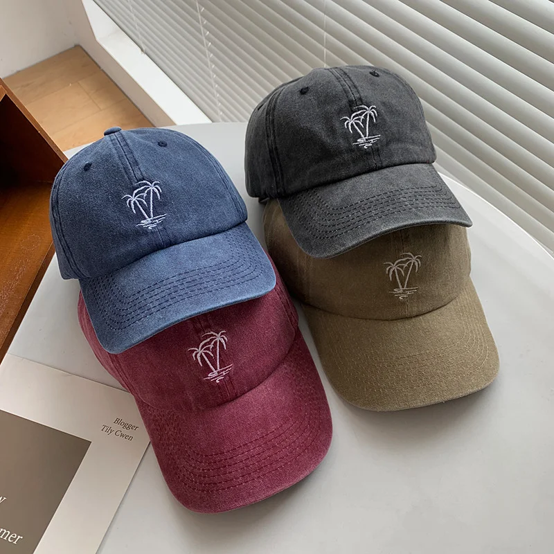 Unisex Vintage Washed Cotton Caps Coconut Tree Embroidery Baseball Cap Men Women Adjustable Casual Outdoor Streetwear Sports Hat