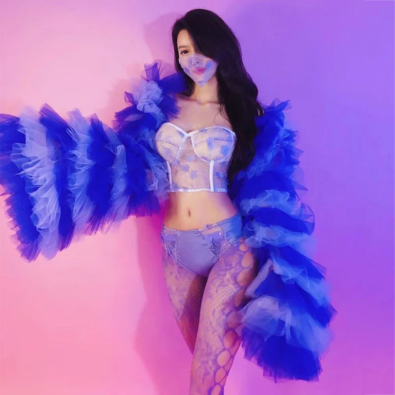 Sexy Tube Top Blauw Kant Taart Mouwen Jas Broek Vrouwen Pole Dance Kleding Dj Ds Stage Rave Outfit Prestaties Clubwear XS3867