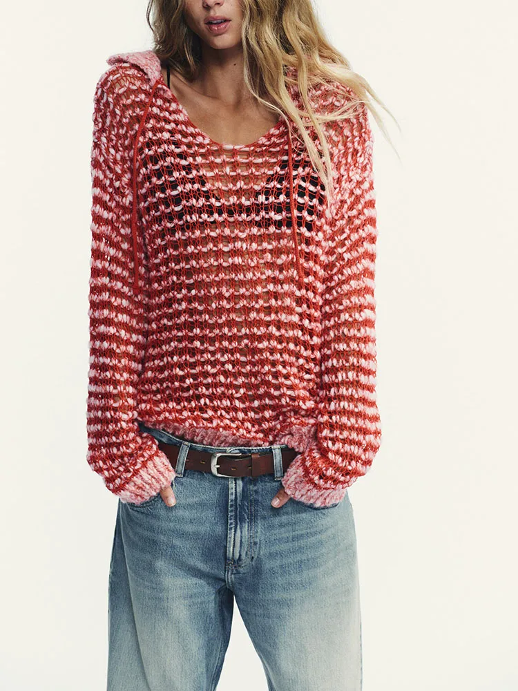 패셔너블하고 달콤하며 섹시한 니트 폴로넥 스웨터 신상품 2025 가을 캐주얼 루즈핏 긴팔 스트라이프 패턴 소녀용