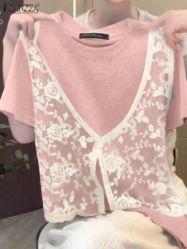 Camicetta di pizzo estiva Donna Patchwork Top Tunica allentata casual ZANZEA Moda Manica corta Blusas Pullover oversize 2025 NUOVO