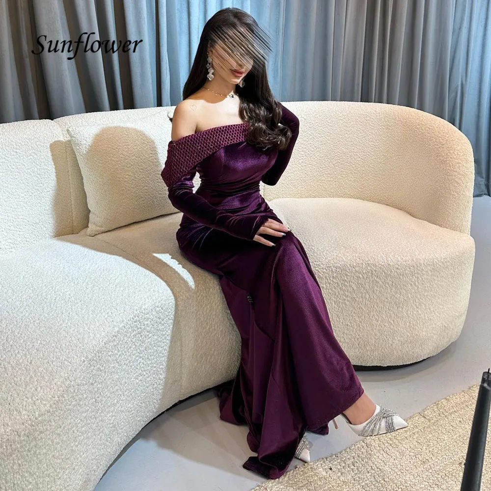 

Sunflower Purple Off the Shoulder Evening Dresses Saudi Arabia Backless Slim Velour Mermaid Occasion Dresses Party Gowns