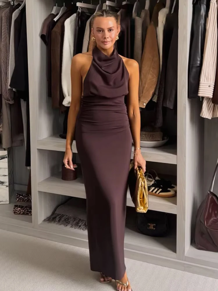 

HH 2025 Summer Women Fashion Solid Backless Hanging Neck Collar Dress Knitted Midi Dresses Female Sleeveless Woman Dress