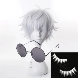 Anime Jujutsu Kaisen Gojo Satoru Cosplay Wig Silver Short Fluffy Layered Heat Resistant Synthetic Hair Wigs Eyepatch Glasses