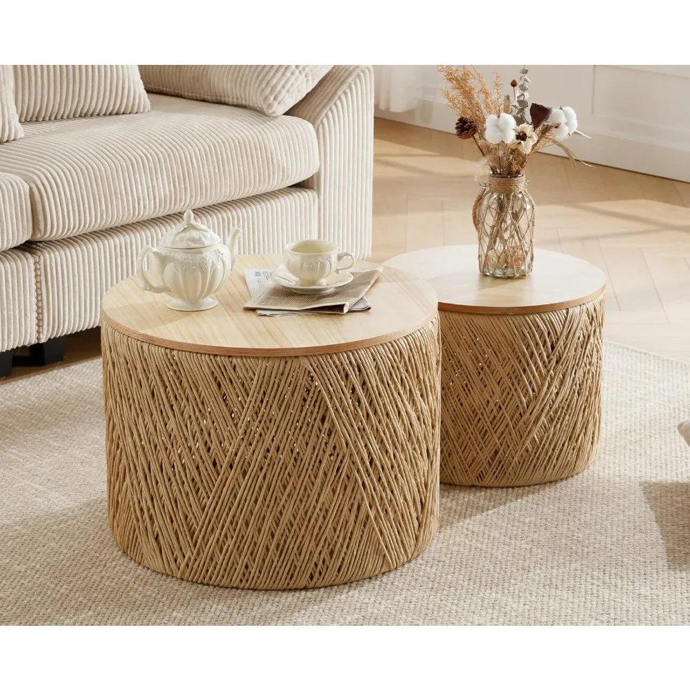

Nesting Coffee Table Set of 2 Woven Round Coffee Table with Storage Solid Wood Side Table for Small Spaces, Living Room,