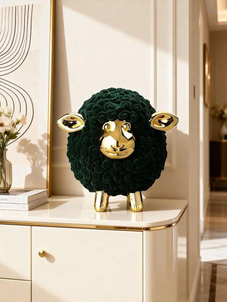 pp-Modern HomeDecor Cartoon Flocking Sheep Sculpture Resin Craft Animal Figurine Model  Living Bedroom Creative Ornaments Gift