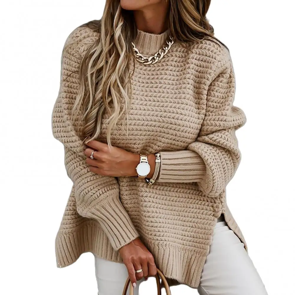 

Sueter Mujer 2024 New Half High Neck Long Sleeve Thick Sweater For Women Loose Split Knitted Pullover Warm Chic Knitwear