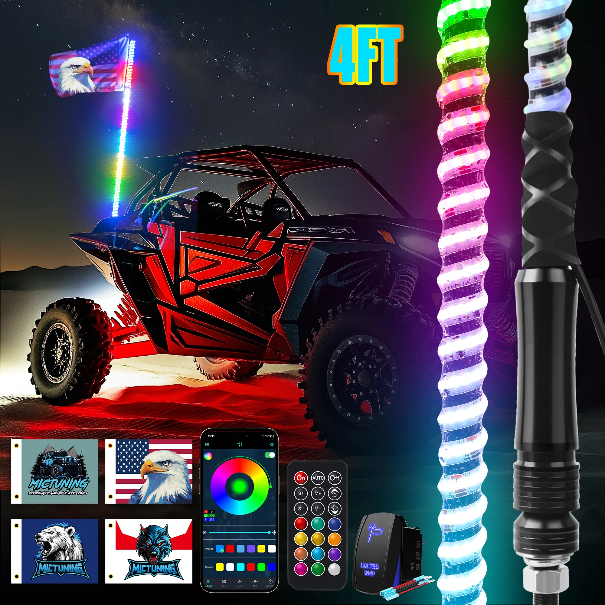 MICTUNING 4FT 360° Spiral LED Whip Lights RGB+IC with APP&Remote Control Brake Turn Signal Flagpole Light Color Changing for Car