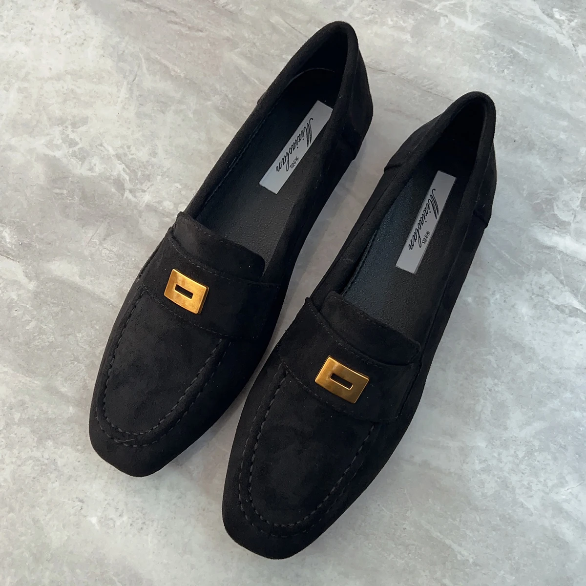 Black Suede Slip-on Women's Shoes Flat Shoes Women 2024 New Spring and Autumn British Loafers Square Toe Moccosins