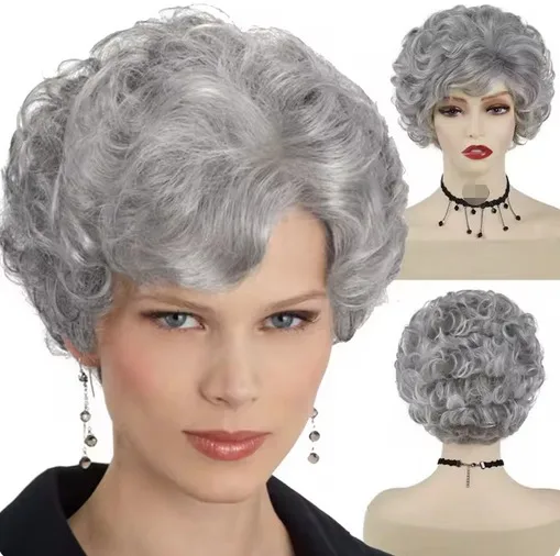 Peluca rizada, pelucas cortas sintéticas para mujer, pelo Natural, peluca gris con flequillo, disfraz de Cosplay, peluca elegante para mujer mayor