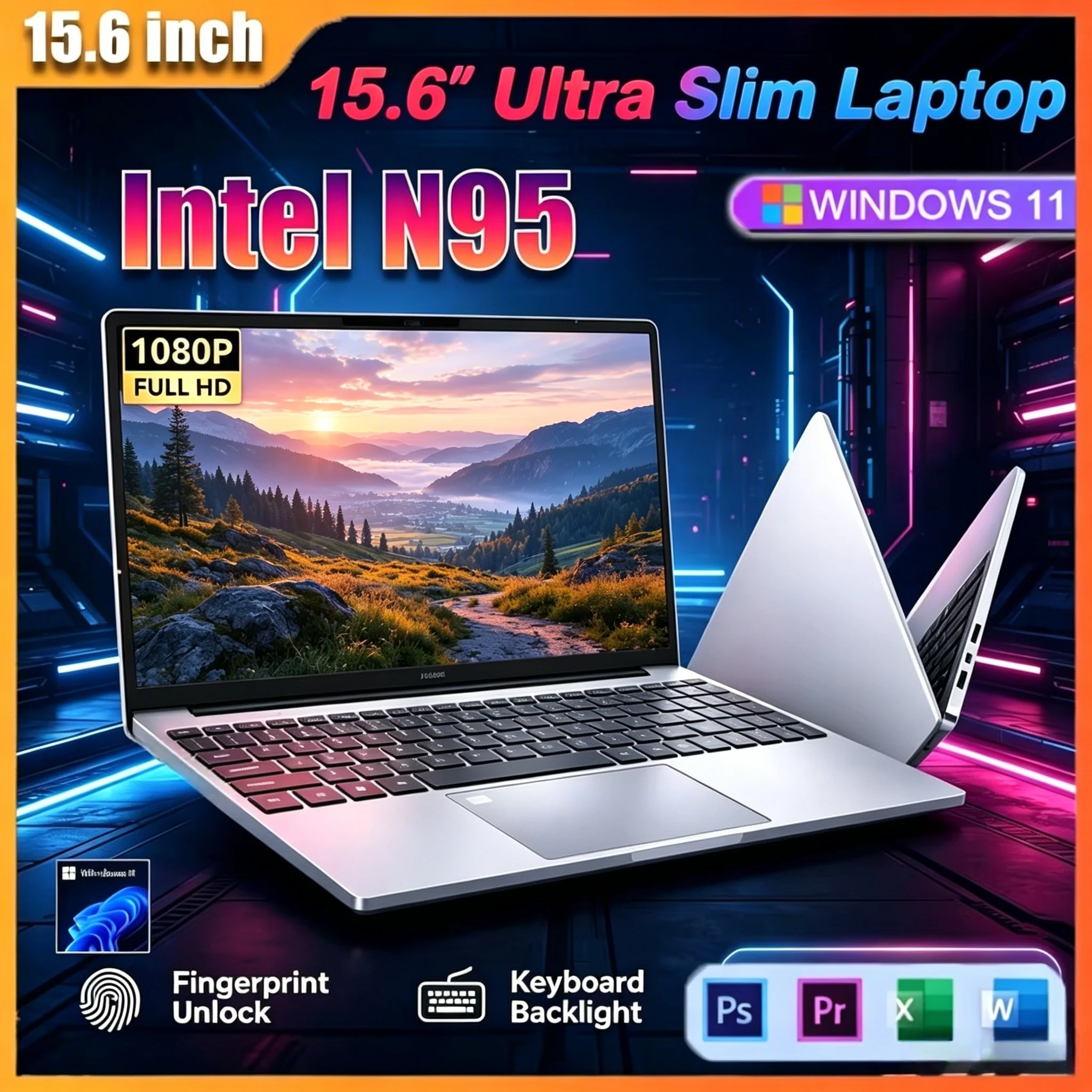 Портативный ноутбук Full HD 15.6 дюймов, процессор Intel N95, 32 ГБ оперативной памяти, 2 ТБ накопитель, Windows 11 Home, для офиса