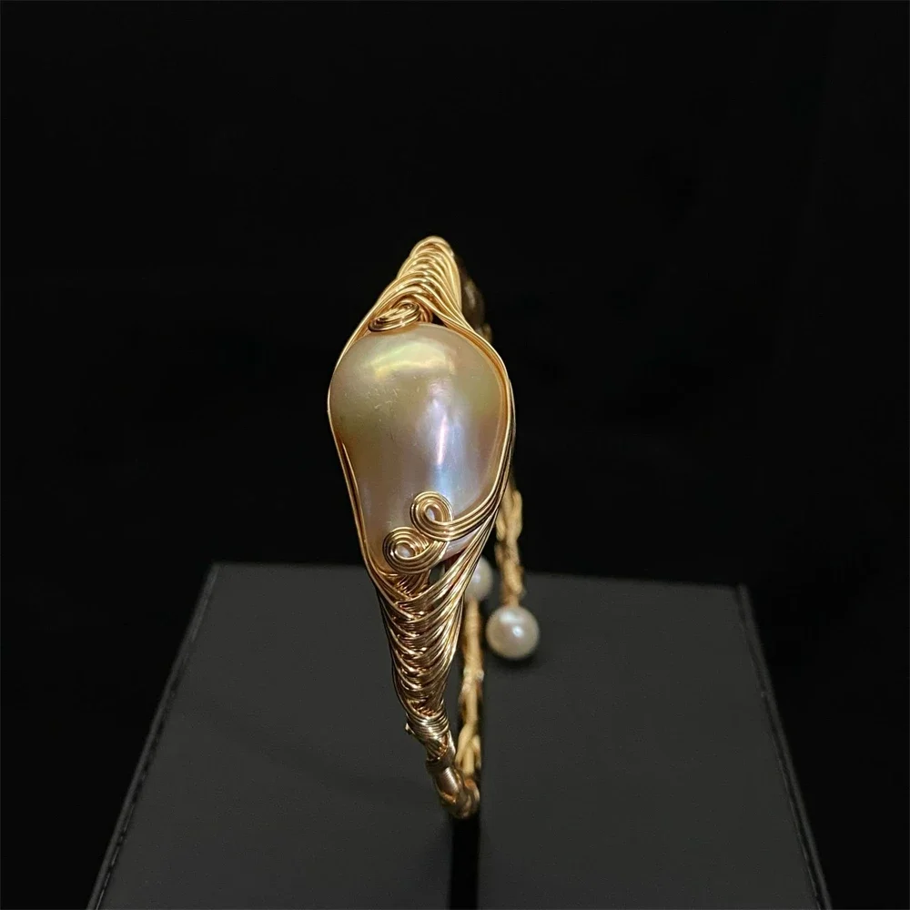 Pulseras de perlas de agua dulce barrocas naturales tejidas a mano para mujer, brazaletes abiertos, joyería de fiesta de lujo