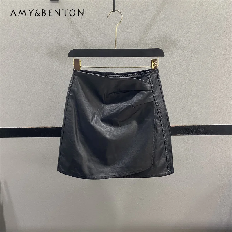 

American Retro Irregular Pleated PU Leather Skirt Women Autumn Elegant High Waist Slimming A-line Bodycon Short Skirts Ladies