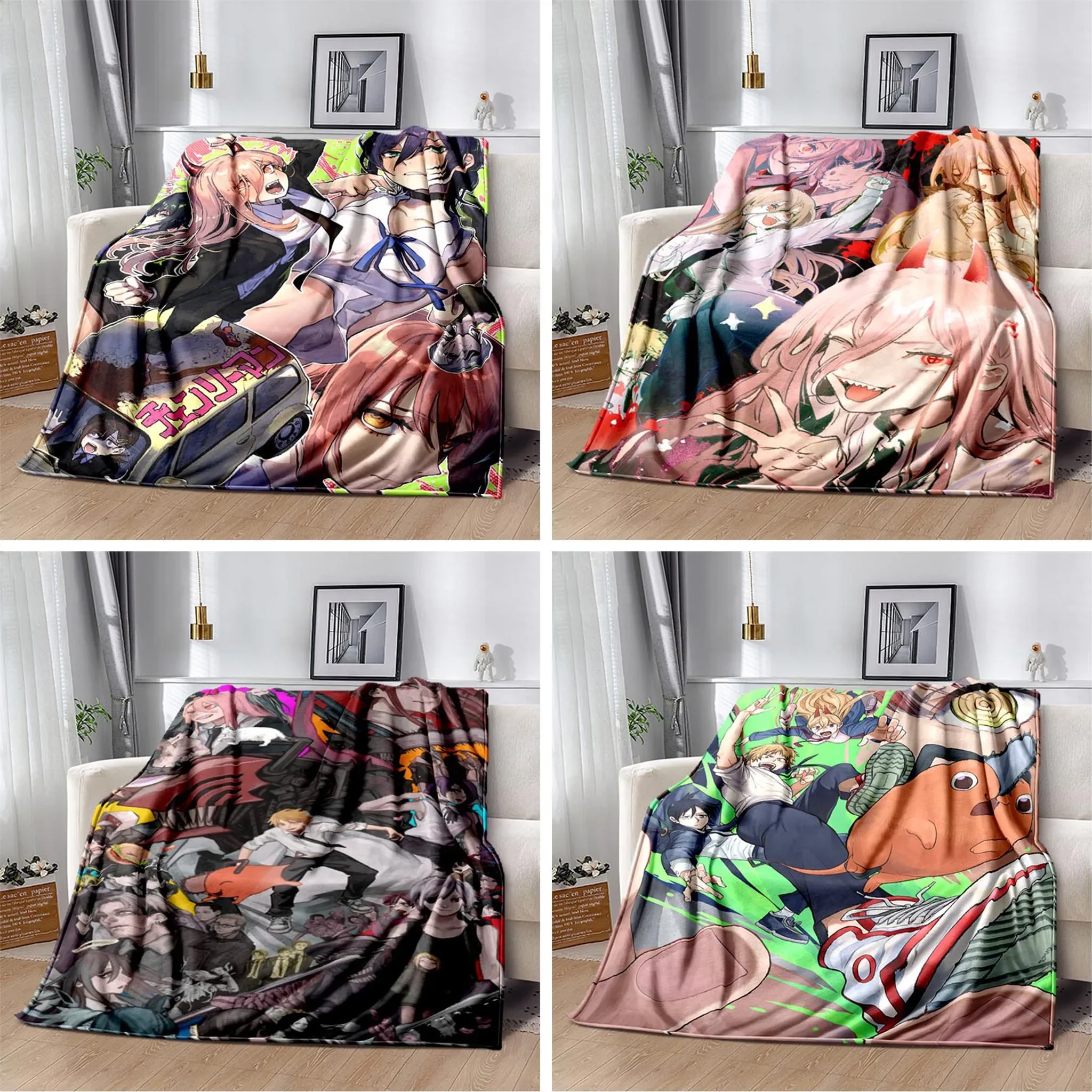 Anime Chainsaw Man Blanket Makima Pochita Power Character Flannel Blanket Comfortable Warm Blanket Gift for Family Friend