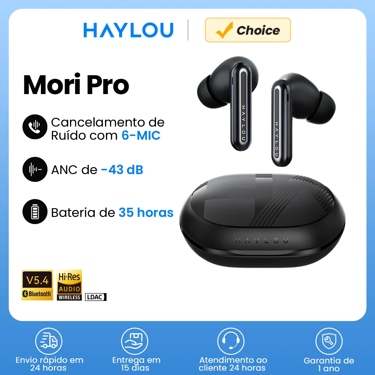 Haylou mori pro bluetooth 5.4 fones de ouvido sem fio 43db adaptável híbrido anc hi-res ldac 6 microfone 28h vida útil da bateria