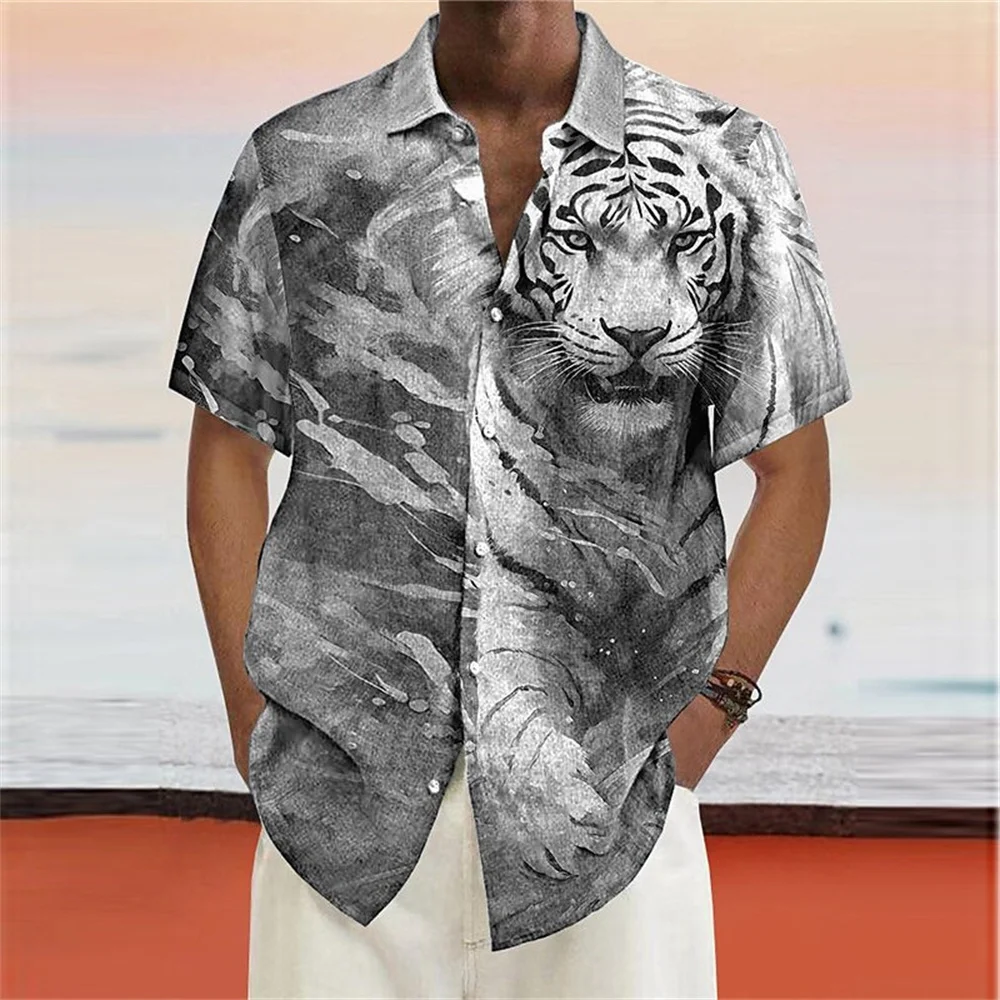 

2024 Fashion Men's Shirt Animal Tiger 3d Print Hawaiian Shirt Man Casual Fashion Street Shirts Loose Short Sleeves Tops Summer