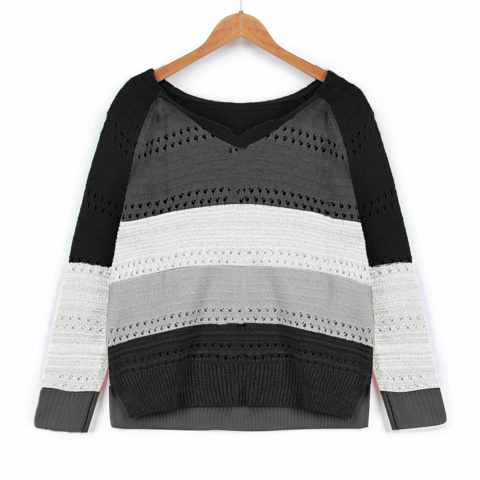 Jersey de manga larga con cuello en V para mujer, Top estético Sexy hueco, Tops cálidos cómodos, moda de retazos intercoloreados, Otoño e Invierno