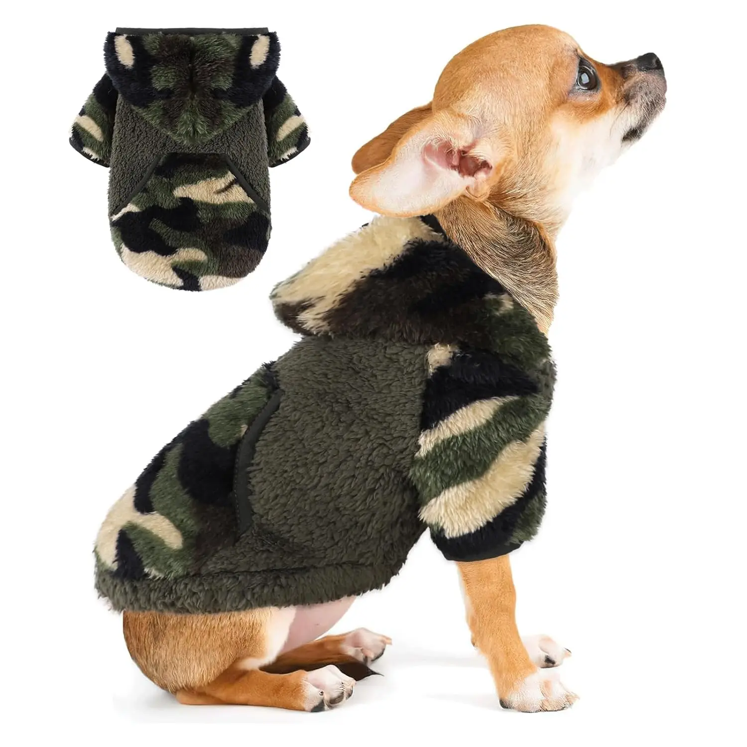 Small Dog Fleece Hoodie Sweater, Soft Stretchy Winter Puppy Clothes for Chihuahua Yorkie Tiny Pet Cat, Camo Green M, Customized