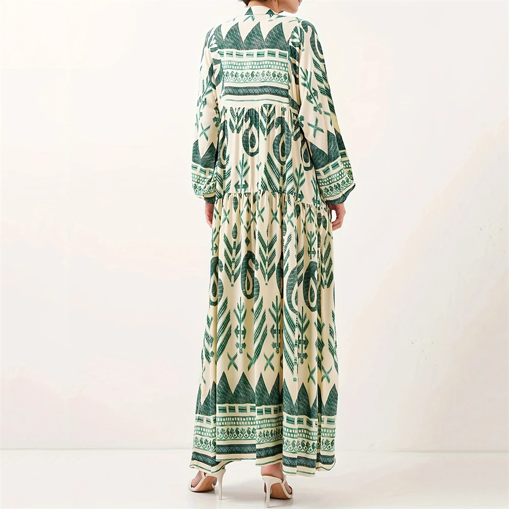 

Muslim Printed Dress, Women's Long Swing Dress, Elegant V-neck Long Dress, Sanya Beach Dress