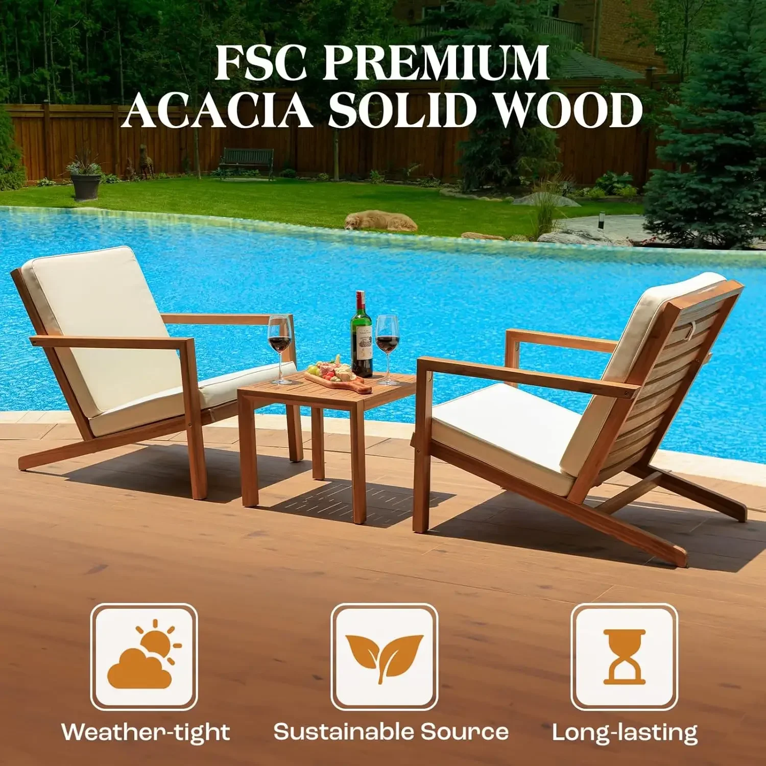 2er-Set mit Beistelltisch aus Holz für den Außenbereich, Terrassenmöbel-Set aus FSC-zertifiziertem Akazienholz für Feuerstelle, Veranda,