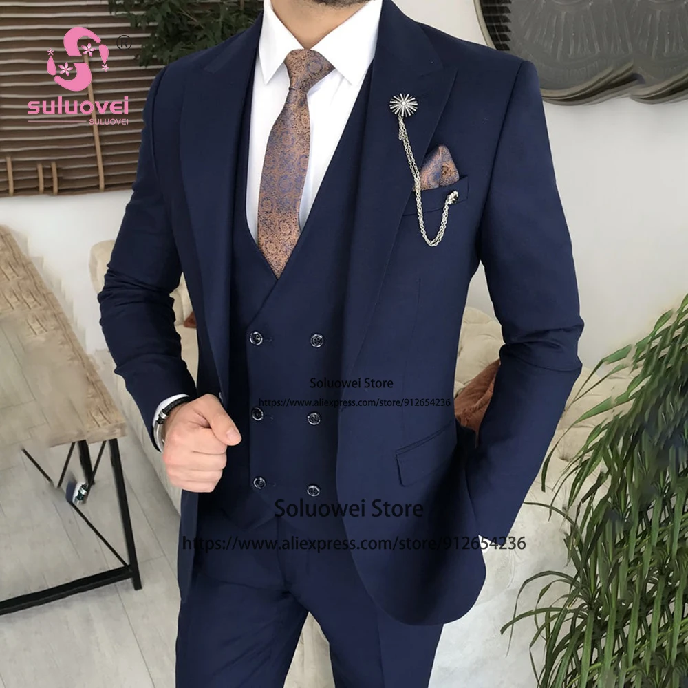 

Fashion Groom Suits For Men Formal Slim Fit 3 Piece Jacket Vest Pants Set Male Business Blazer Prom Wedding Peaked Laple Tuxedo