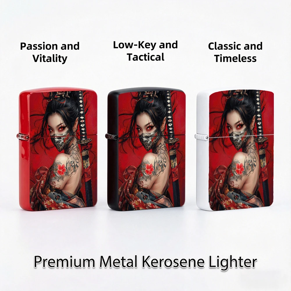Vintage Flip Top Lighter lighters vintage Japanese Samurai Masked Female Warrior Style Red Background Print lighters for smokers