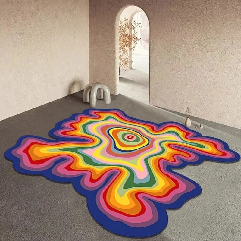 VIKAMA Irregular Rainbow Swirl Shaped Rug Non‑slip Psychedelic Colorful Floor Mat Hippie Style For Bedroom Dorm Home Decor