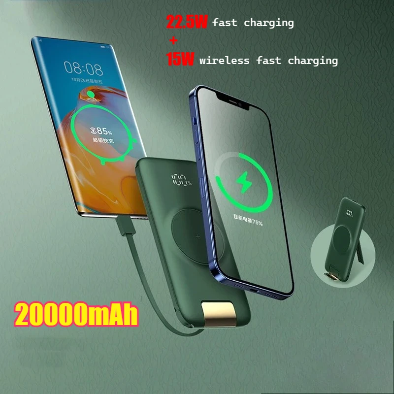 

20000mAh with 15W Wireless Fast Charging Spare Battery Digital Display Built in Cable for IPhone 15 14 13 12 Pro Xiaomi Samsung